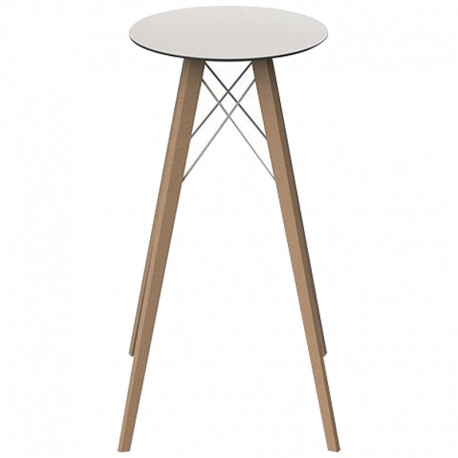 Table Haute Vondom Faz Wood Plateau Rond Hpl Blanc et Bord Noir avec Pieds Chêne Naturel Diamètre 60 x H105cm