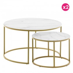 Set van 2 ronde salontafels 80 en 50 Wit glas en goud staal KosyForm