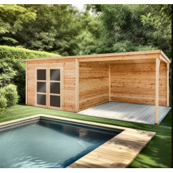 Abri Poolhouse avec terasse couverte madriers 28mm Bahia Habrita 20m2